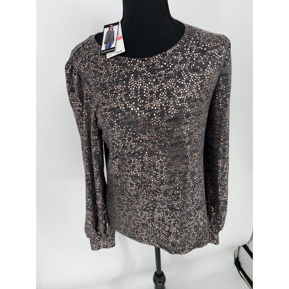 John Paul Richard Womens Grey Rose Gold Metallic Foil Dot Puff Sleeve Knit Top